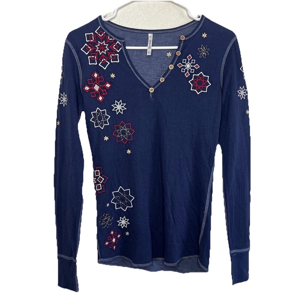 Alp N Rock XS Navy Embroidered Beaded Henley Thermal Long Sleeve Boho Ski Top L7